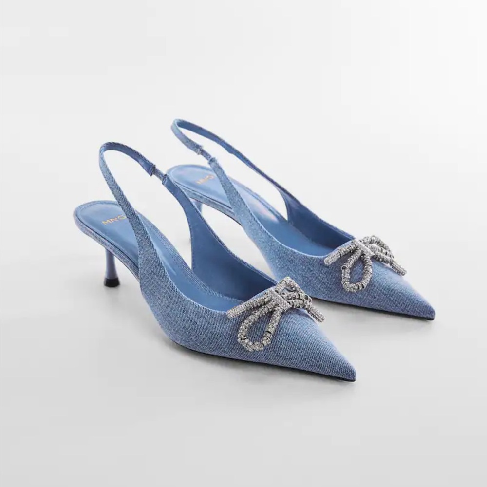 MNG denim sling back heels with beaded bow
